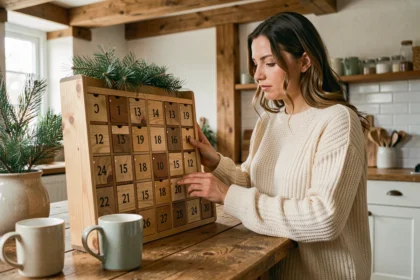 Femme examinant attentivement un calendrier de l'Avent en bois dans une cuisine scandinave décorée de branches de pin