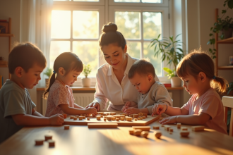 Salle Montessori avec enfants et enseignant autour de matériaux en bois