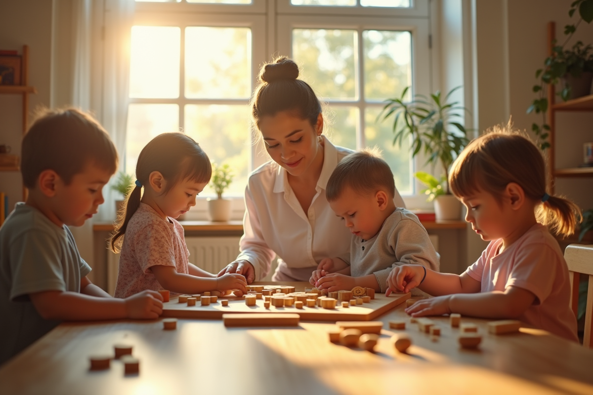 Salle Montessori avec enfants et enseignant autour de matériaux en bois