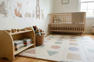 Coin jeux cosy pour bébé dans une chambre partagée avec tapis de jeu en mousse, étagère en bois et jouets en tissu