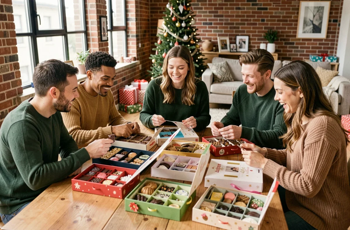 Groupe d'adultes comparant plusieurs calendriers de l'Avent de différents thèmes sur une table en bois décorée