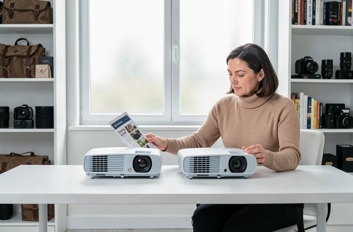 Photographe comparant deux projecteurs posés côte à côte sur un bureau blanc dans un bureau à domicile minimaliste
