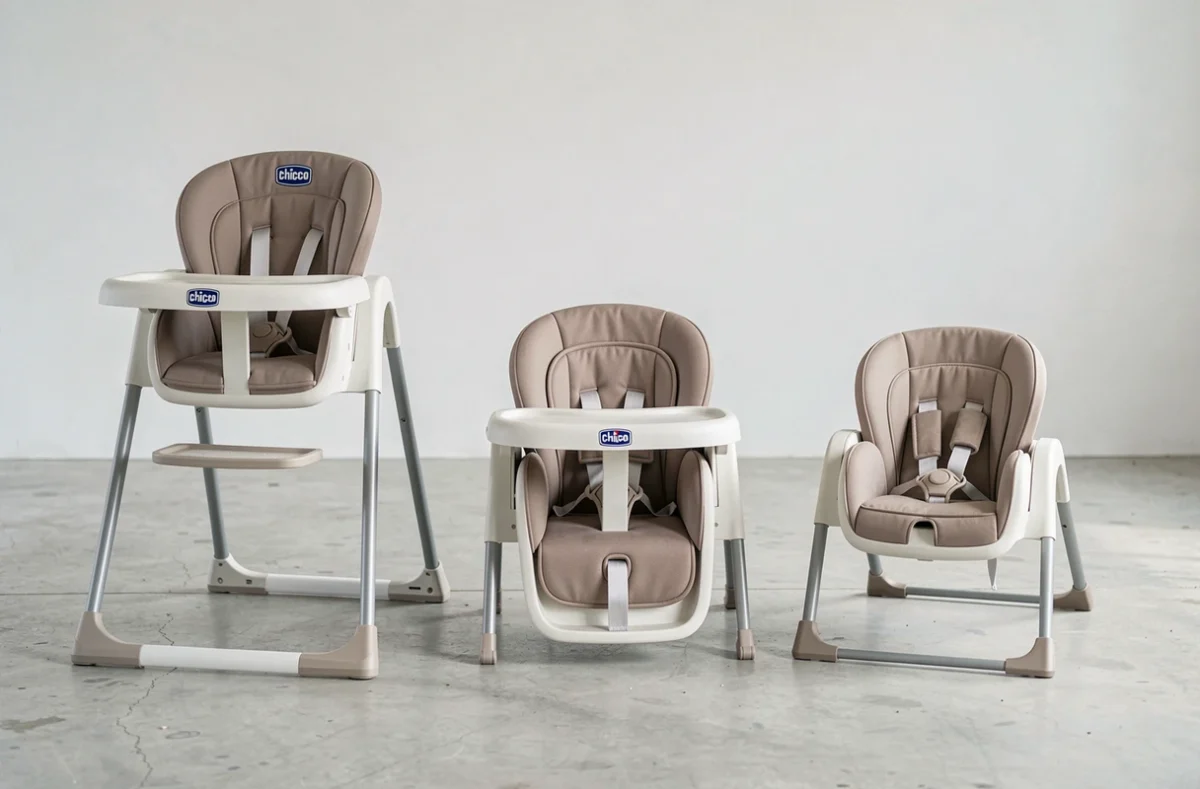 Trois configurations de la chaise haute Chicco Polly Magic 3 en 1 comparées côte à côte