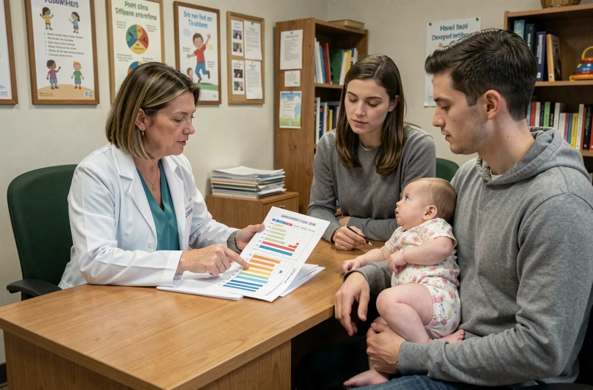 Pédiatre expliquant la courbe de croissance normale d'une fille de 3 mois aux parents lors d'une consultation