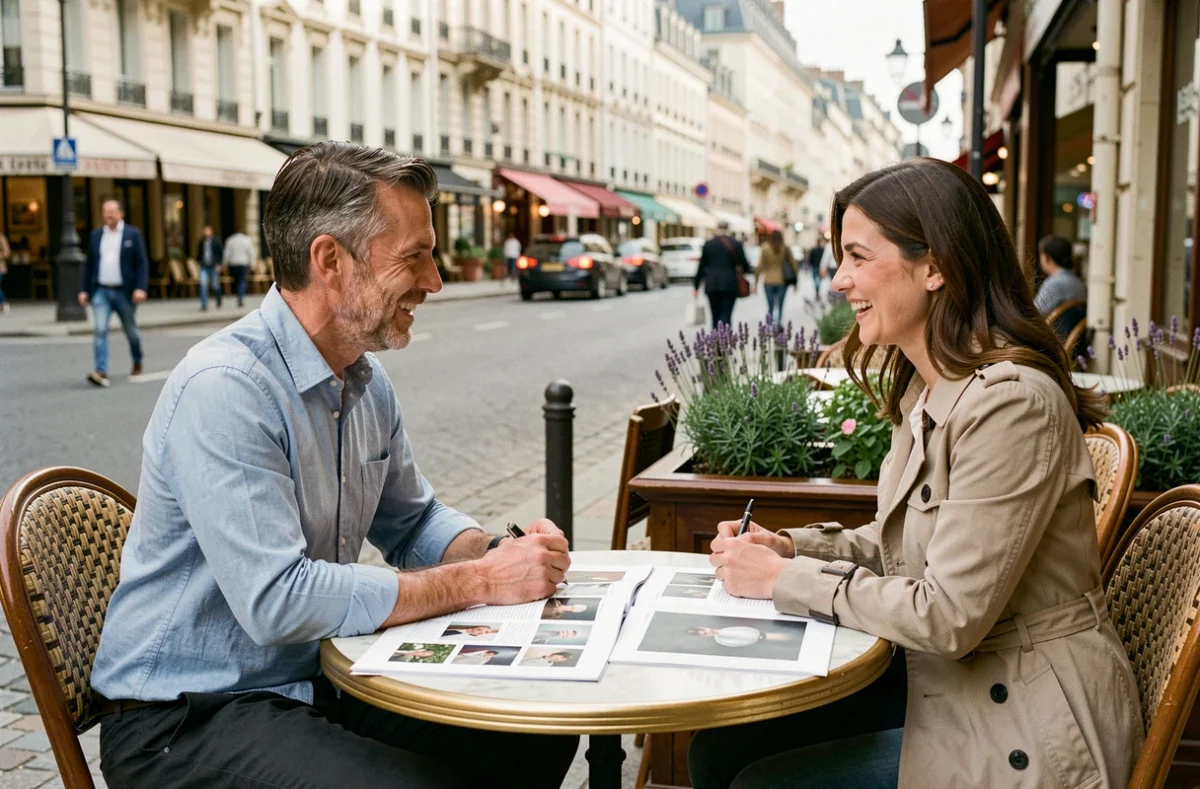 Couple rencontrant une photographe pour une consultation sur l'Avenue de Champagne à Épernay