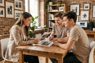 Photographe professionnelle à Rochefort consultant avec un couple dans un studio photo moderne avec portfolio