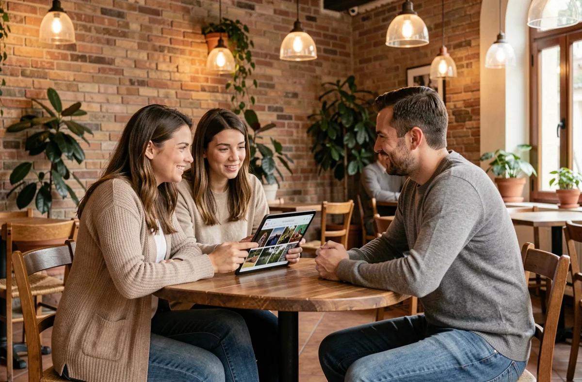 Couple discutant d'un portfolio photo avec un photographe dans un café à Vitrolles