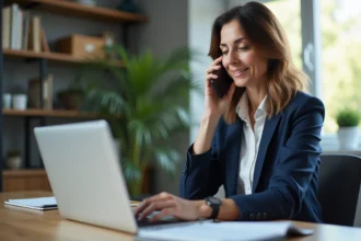 Femme professionnelle contactant un service client en ligne depuis son bureau à domicile pour résoudre un litige