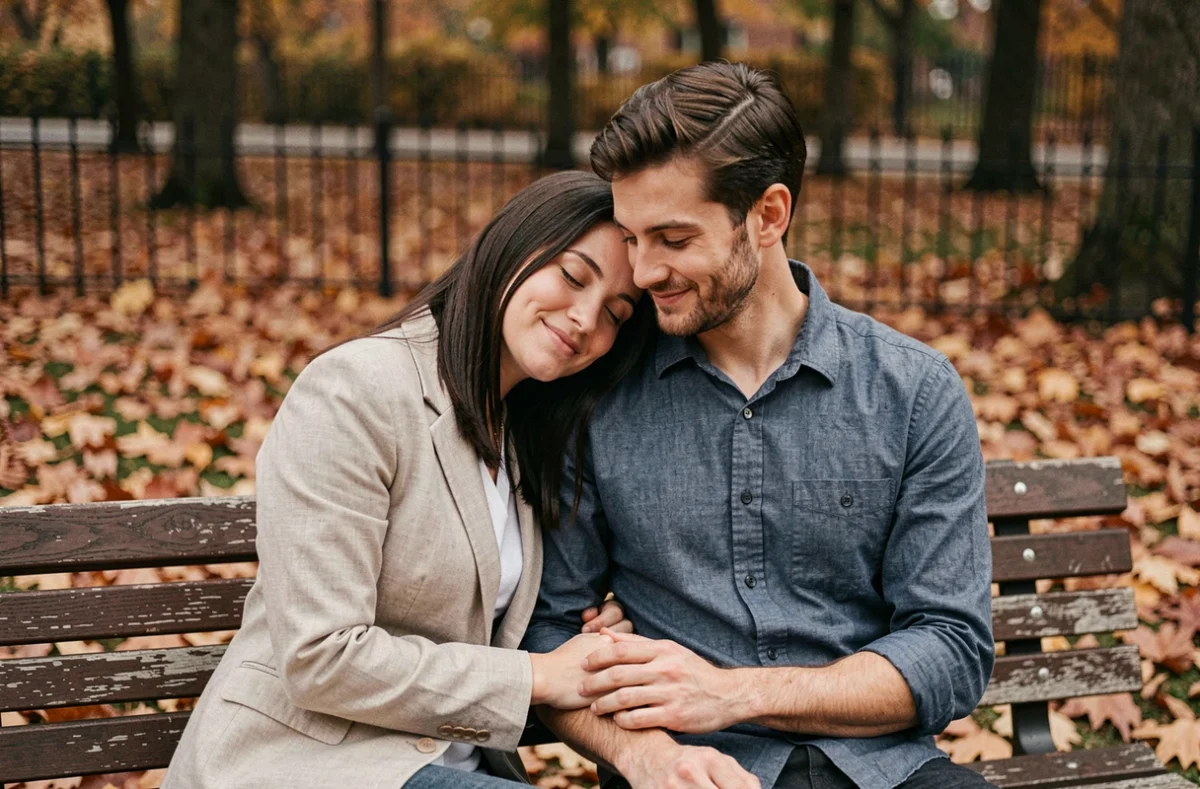 Couple amoureux assis sur un banc de parc en automne, illustrant une relation amoureuse sérieuse et équilibrée