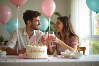 Jeune couple célébrant leur anniversaire avec un dîner romantique