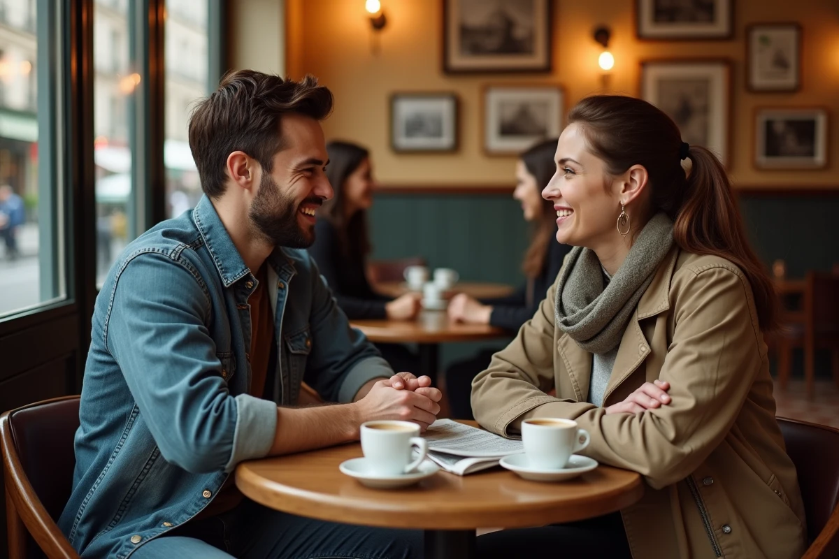 Couple complice attablé dans un café parisien, évoquant la vie privée d'un artiste et l'influence de sa partenaire sur son parcours