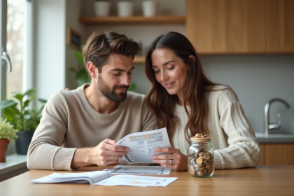 Jeune couple discutant de finances dans la cuisine