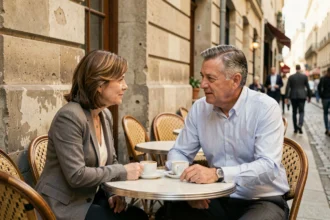 Couple célèbre discutant paisiblement en terrasse de café parisien, illustrant la vie privée d'un duo médiatique