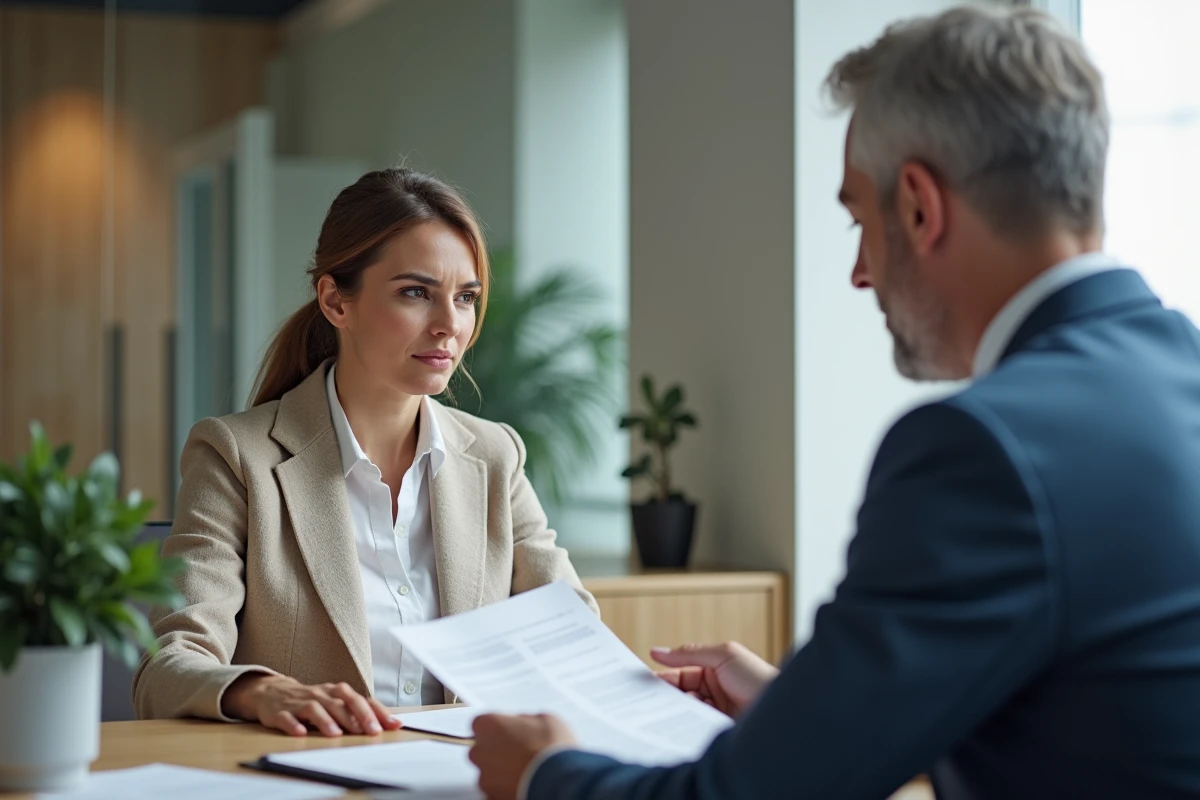 Couple consultant un notaire dans un bureau moderne pour connaître le prix de la rédaction d'un testament notarié