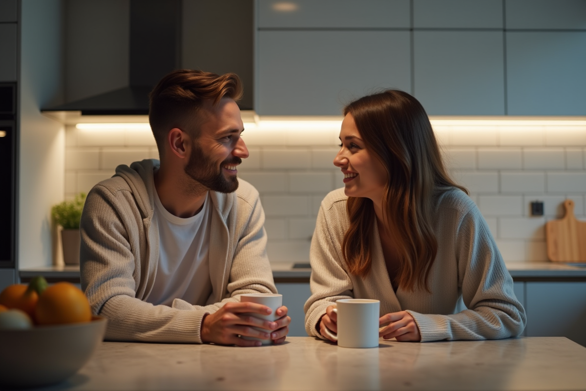 Jeune couple discutant dans la cuisine la nuit