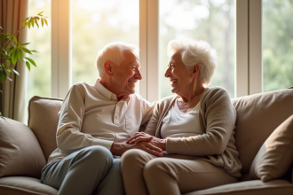 Couple âgé assis sur un canapé lumineux souriant