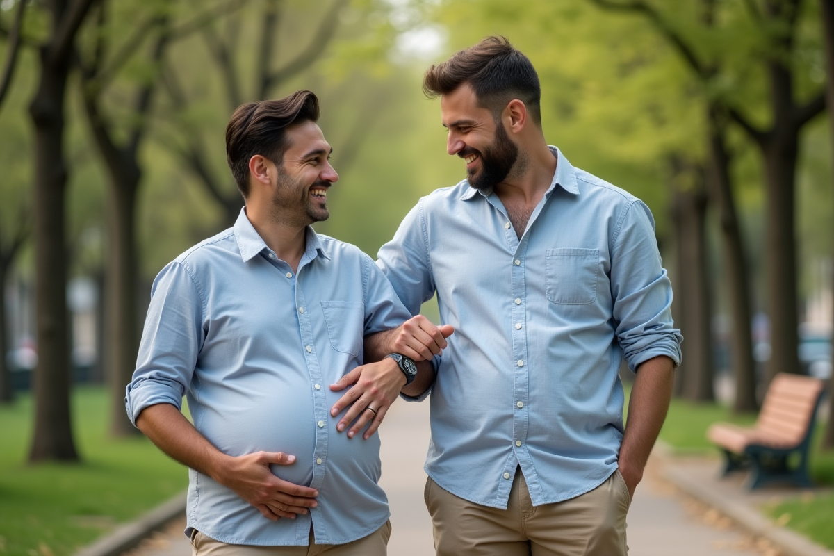 Couple homme enceinte dans un parc urbain en journée