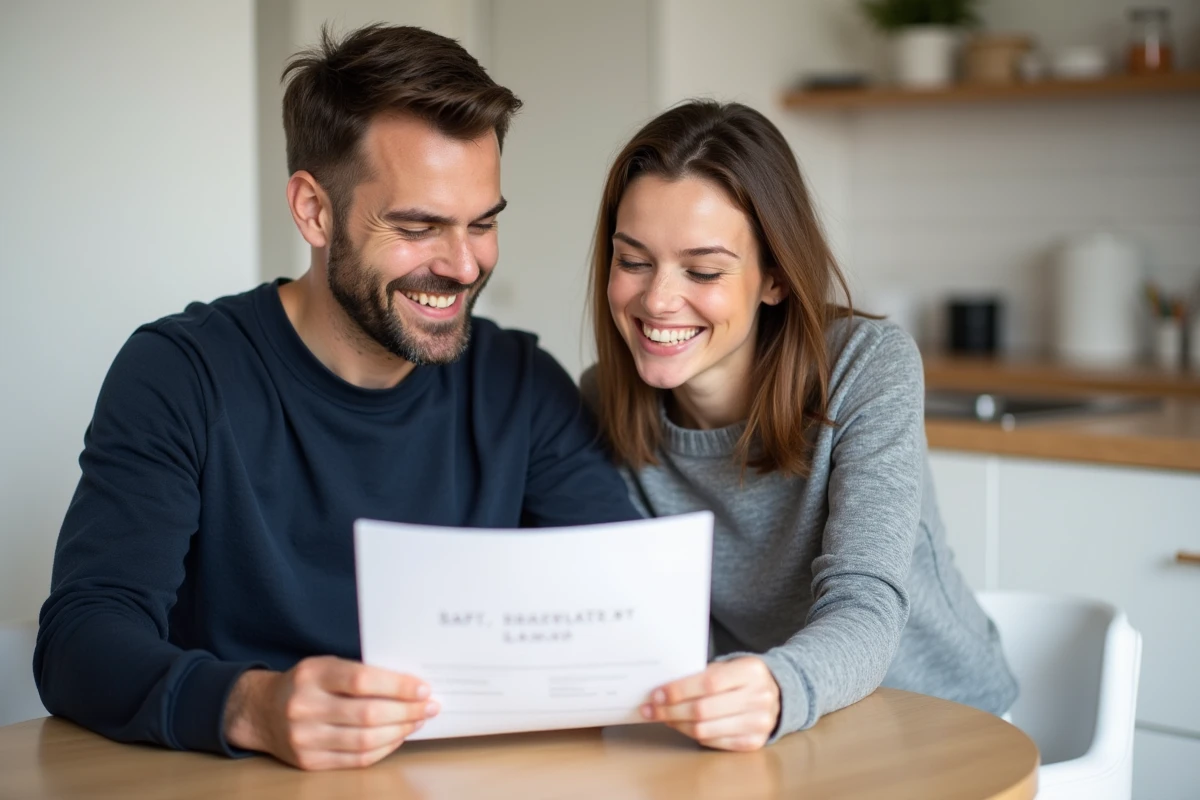 Couple lisant ensemble un document imprimé des 10 commandements parrain et marraine à table