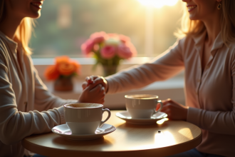 Couple tenant mains au café avec bagues et fleurs