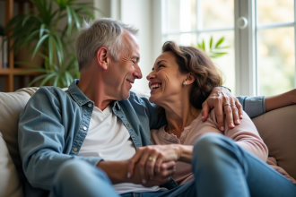 Couple mature assis sur un canapé dans un salon lumineux