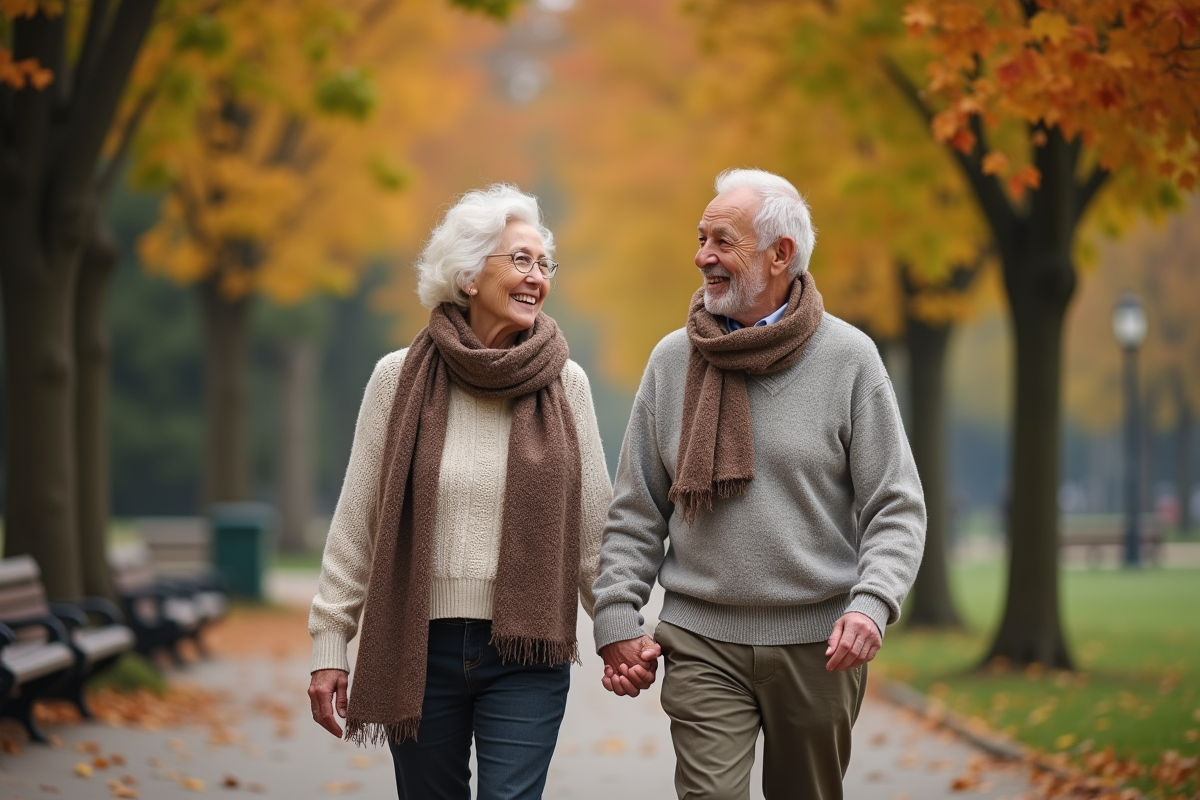 Couple âgé marchant dans un parc en automne