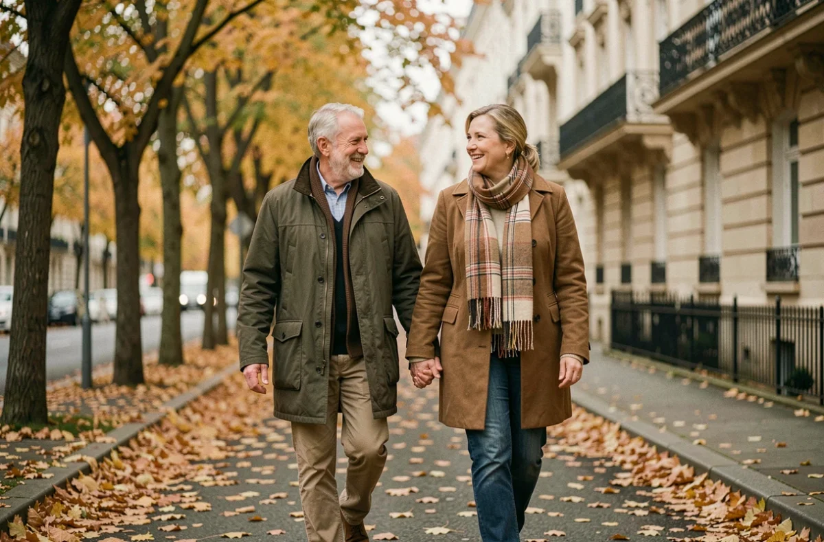 Couple discret se promenant en automne dans un quartier résidentiel parisien, loin de la notoriété médiatique