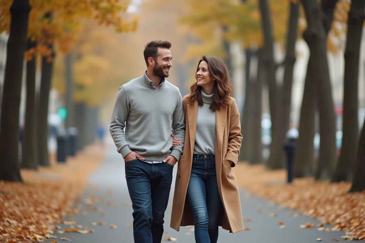 Couple souriant se promenant sur un boulevard parisien en automne, ambiance décontractée et complicité naturelle