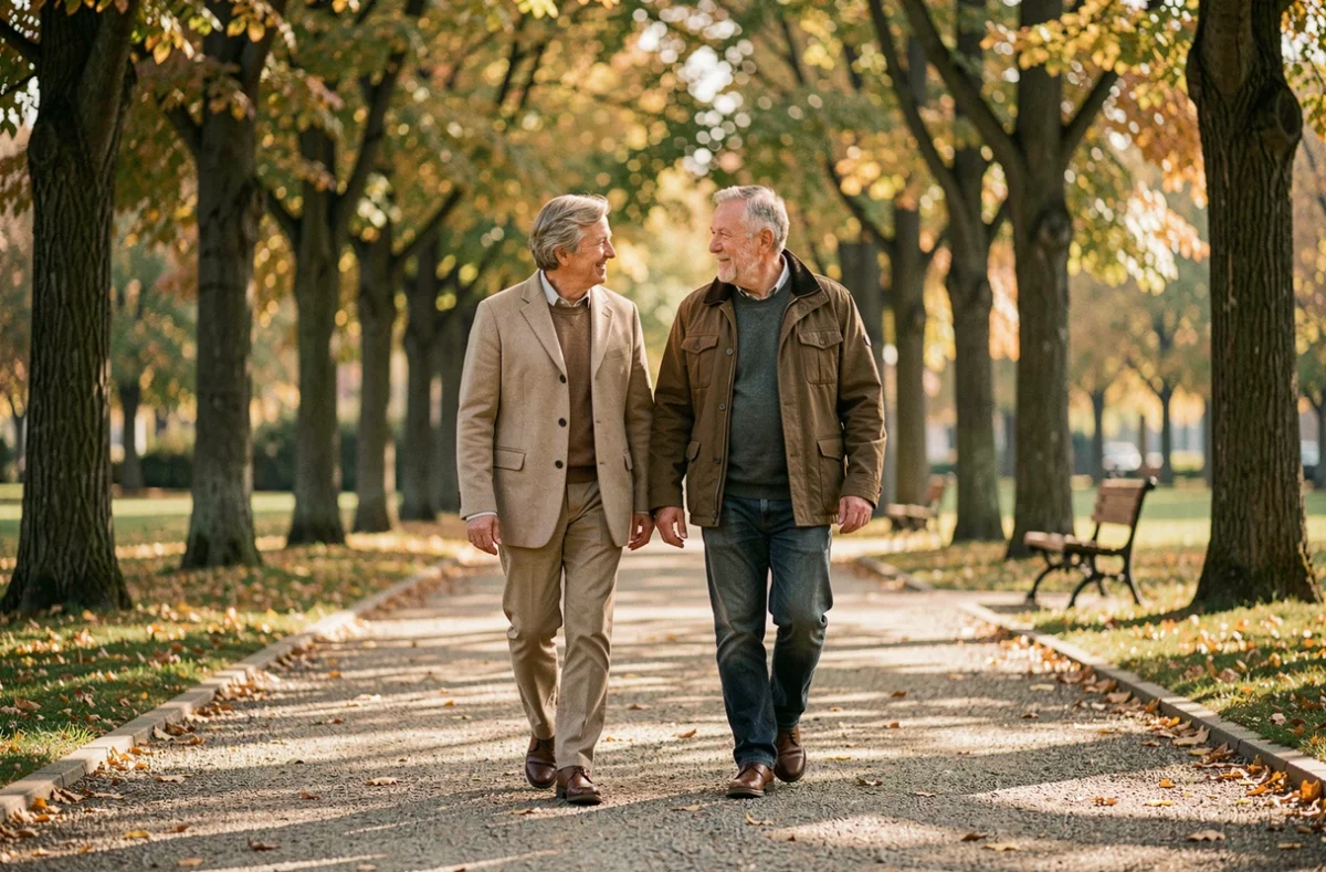 Couple d'âge mûr se promenant dans un parc en automne, représentant la vie de couple, l'intimité et le respect de la vie privée des personnalités