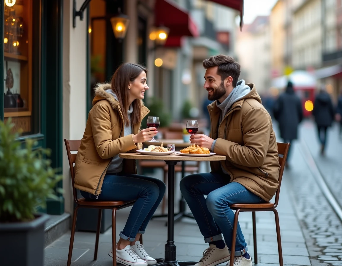 Couple savourant un repas local abordable dans un restaurant de rue d'une ville d'Europe centrale en vacances