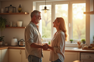 Couple d'âge moyen souriant dans une cuisine lumineuse
