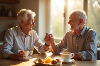 Couple souriant de 50 ans partageant un petit déjeuner lumineux