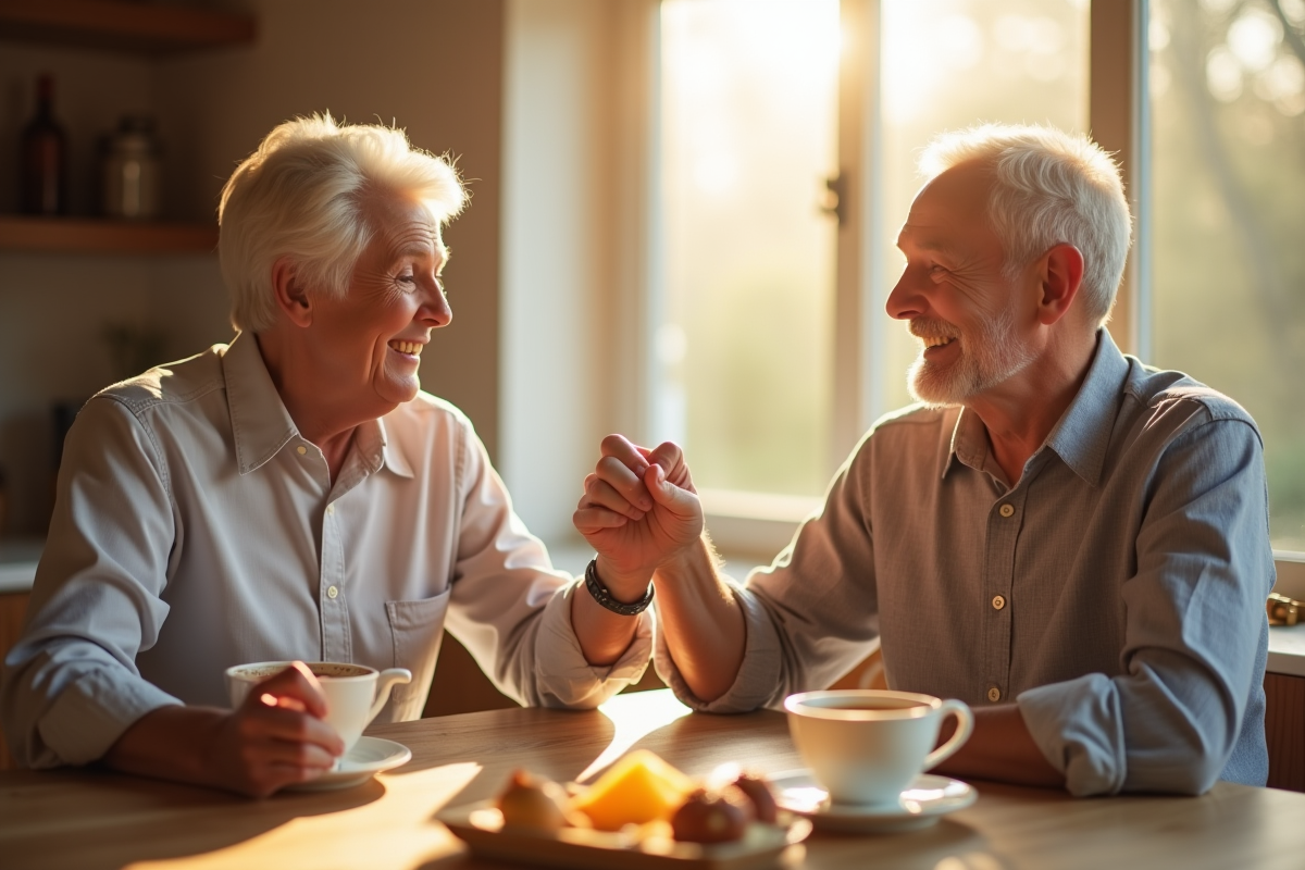 Couple souriant de 50 ans partageant un petit déjeuner lumineux