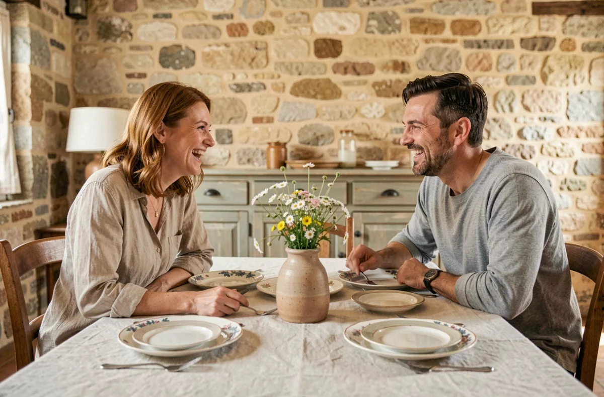Couple complice dressant la table dans une salle à manger de style provençal avec vaisselle vintage et fleurs sauvages
