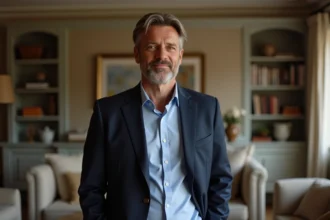Cyril Féraud en veste marine dans un appartement parisien chaleureux, portrait 3/4 au style éditorial intimiste