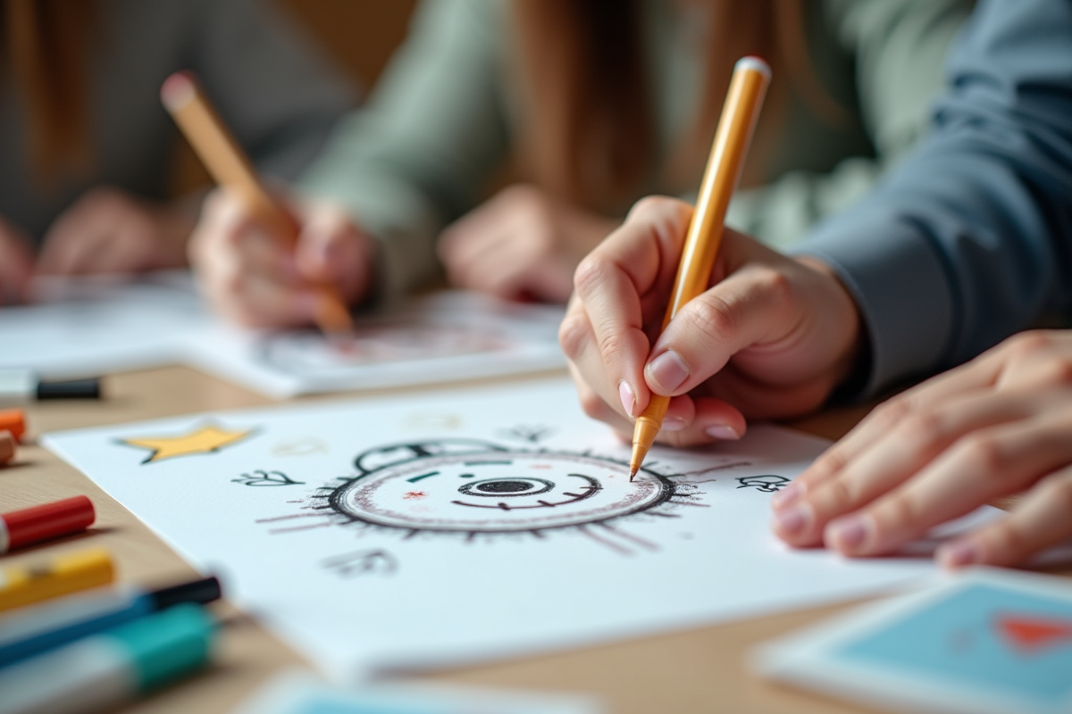 Mains dessinant un personnage amusant avec des marqueurs