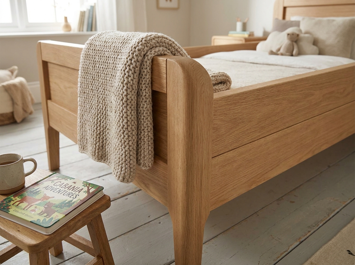 Détail de la structure en bois massif d'un lit enfant Cabania avec linge de lit en maille douce