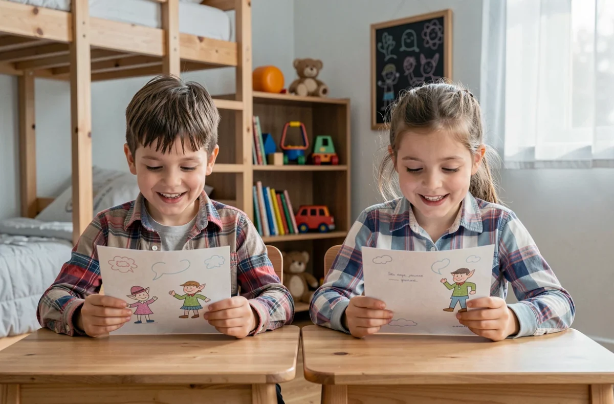 Deux enfants lisent côte à côte leur propre lettre de lutin farceur différente, assis à un bureau en bois dans une chambre partagée