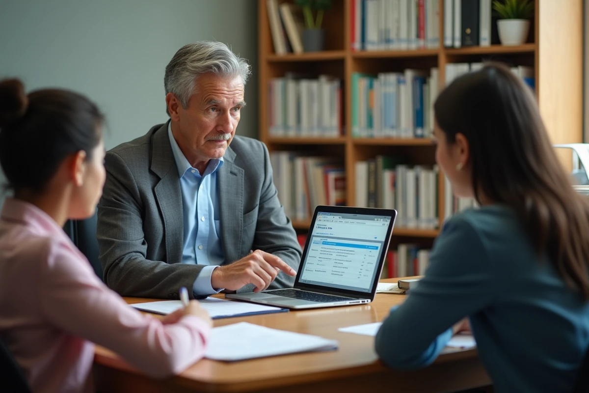 Directeur d'école expliquant le fonctionnement d'Educartable à des parents dans son bureau