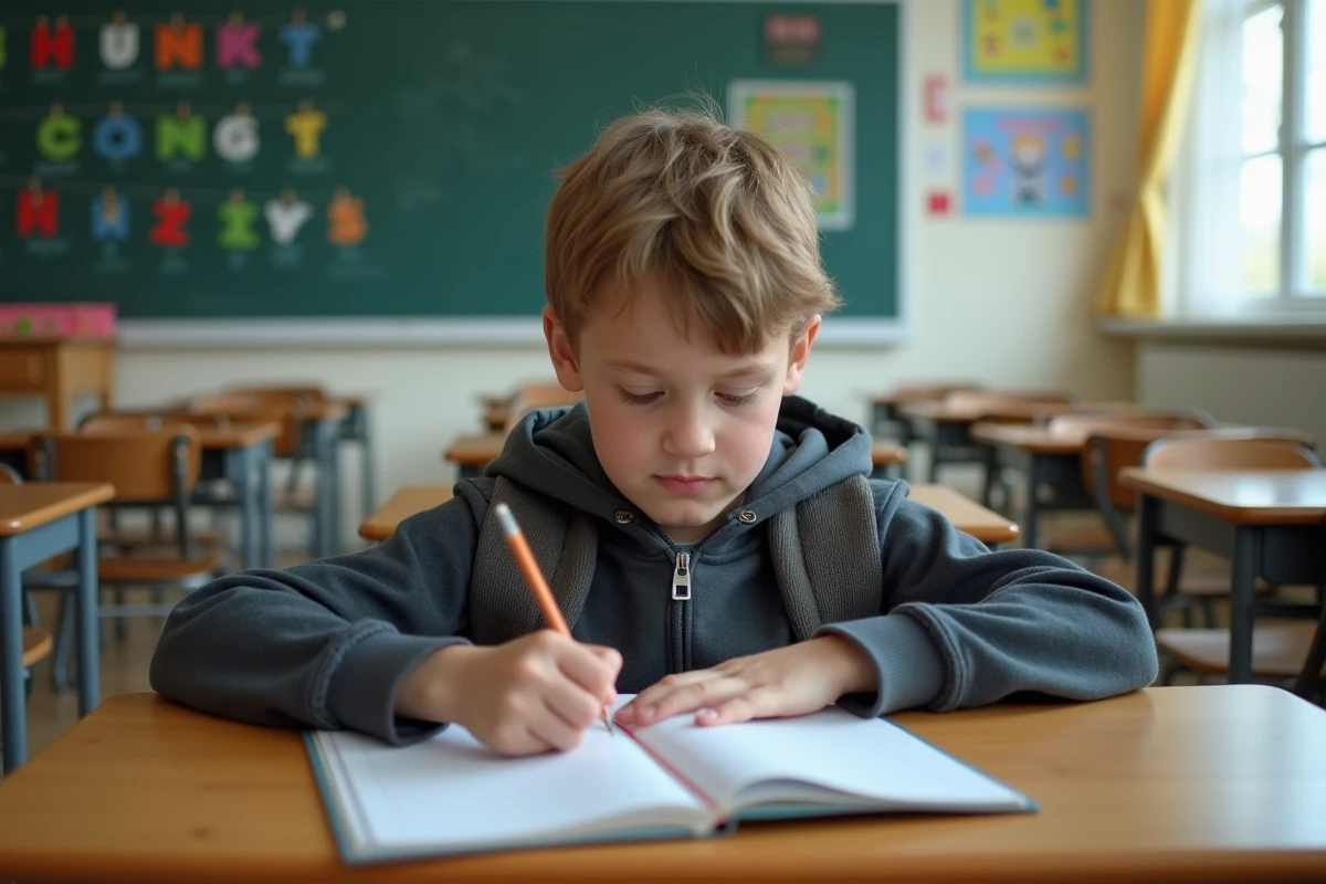Jeune élève assis seul dans une salle de classe réfléchissant à ses difficultés scolaires