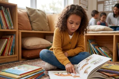 Jeune fille curieuse lisant des livres illustrés dans un coin lecture coloré d'une salle de classe
