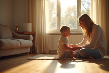 Jeune garçon frustré assis sur le sol ensoleillé avec un parent apaisant