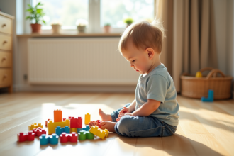 Garçon de 3 ans jouant avec des blocs éducatifs colorés