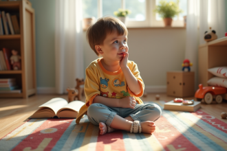 Jeune enfant assis sur tapis coloré avec livres et jouets