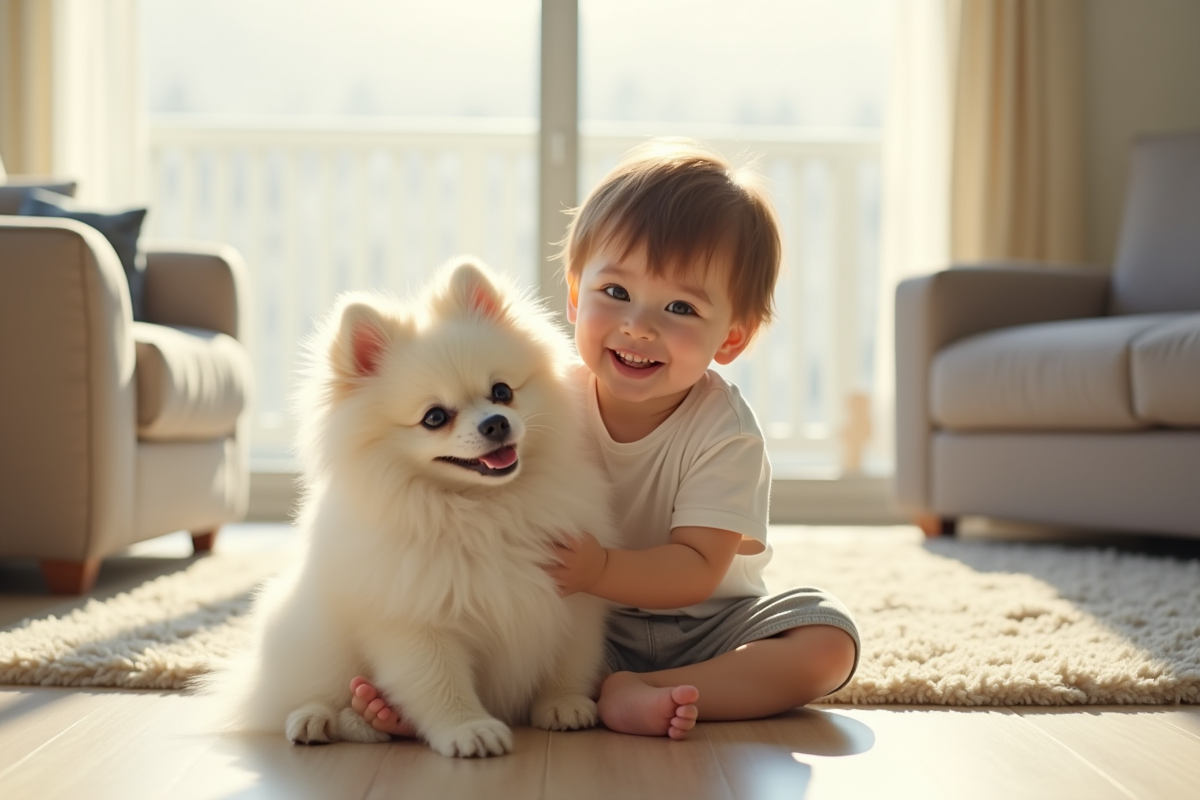 Enfant souriant avec un petit spitz blanc dans le salon lumineux