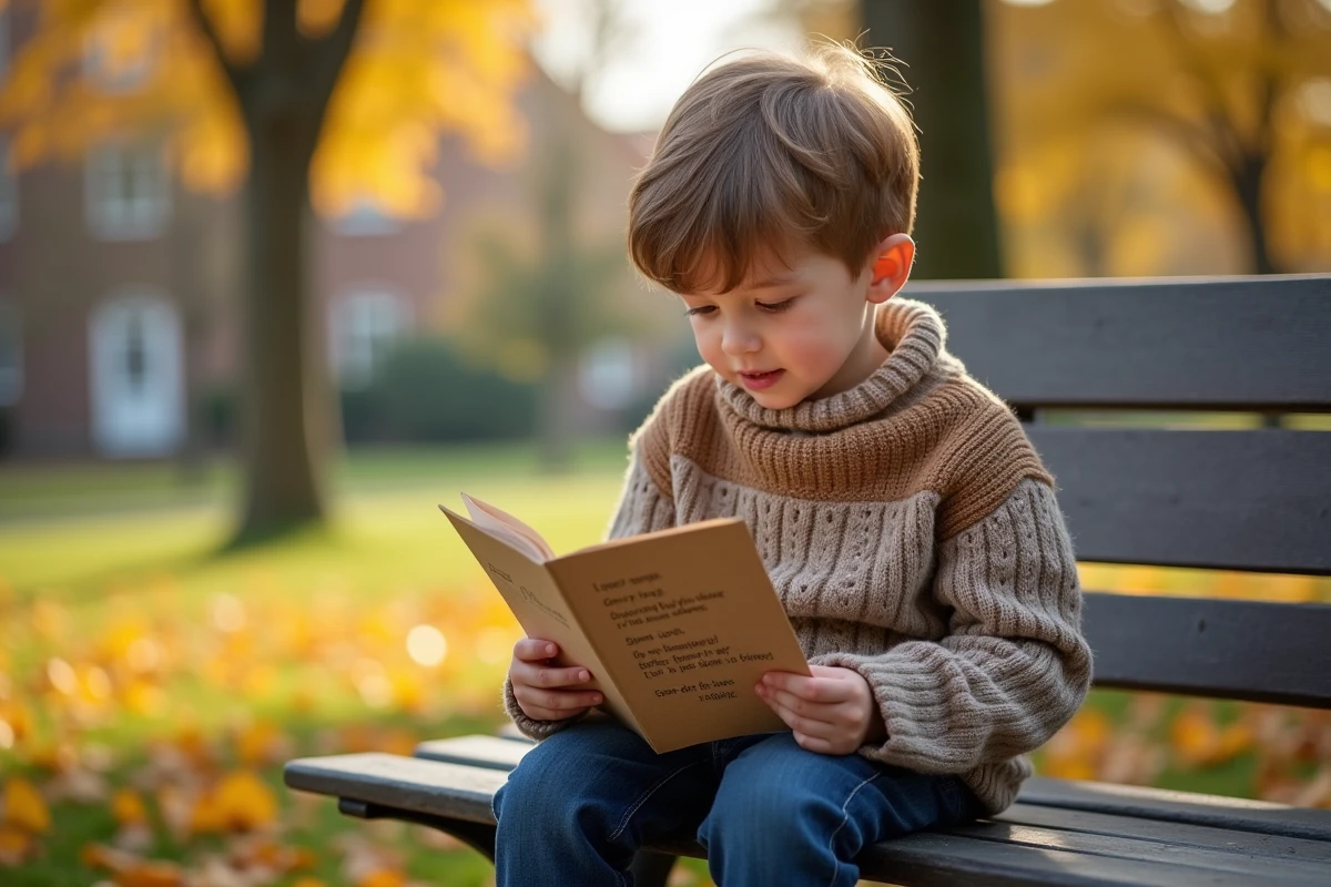Enfant lisant une carte dans un parc en automne