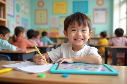 Enfant souriant en classe résolvant des problèmes de maths