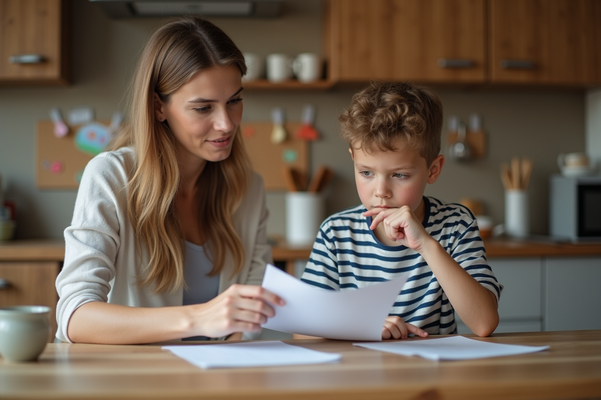 Garçon pensif avec sa mère partageant des documents dans la cuisine
