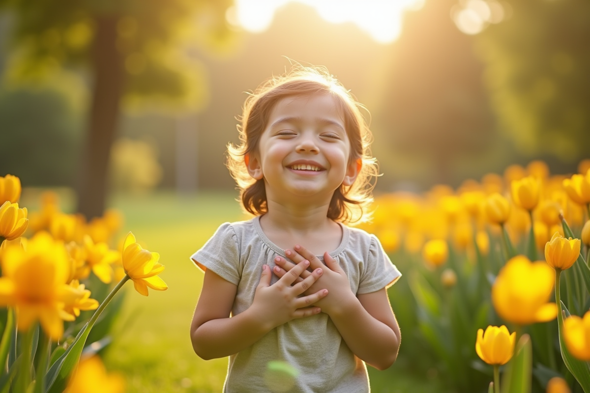 Enfant souriant respirant profondément dans un parc en pleine nature