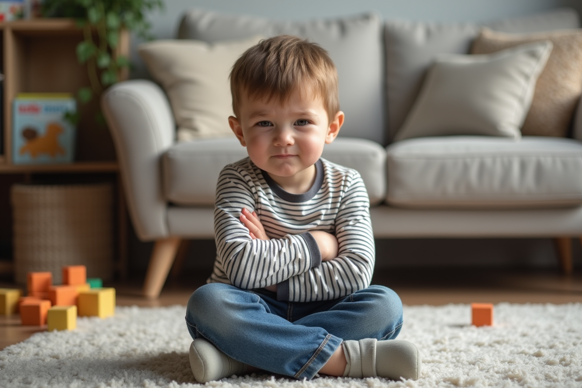Garçon de deux ans assis par terre avec une expression frustrée