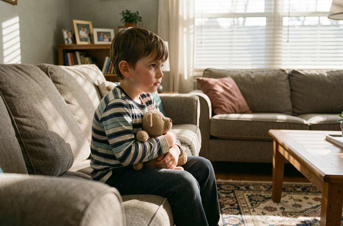 Enfant assis seul sur un canapé tenant un doudou, symbolisant la vulnérabilité des enfants dans les procédures de garde impliquant un parent atteint de trouble bipolaire